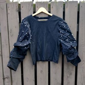 Black Zara shirt with puffed sleeves and pearls